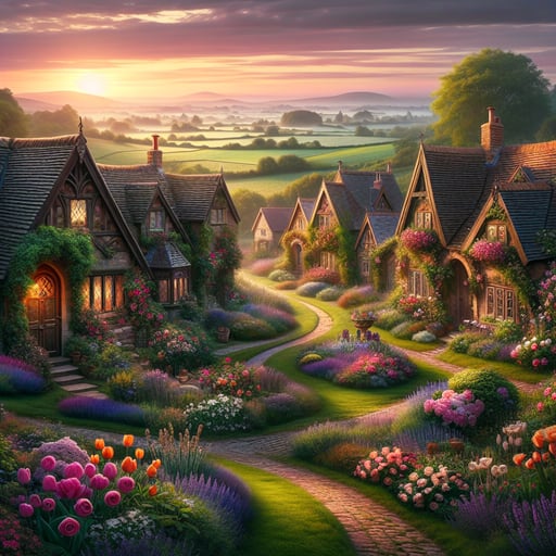 A good morning image depicting a serene countryside with charming cottages and a vibrant floral display.