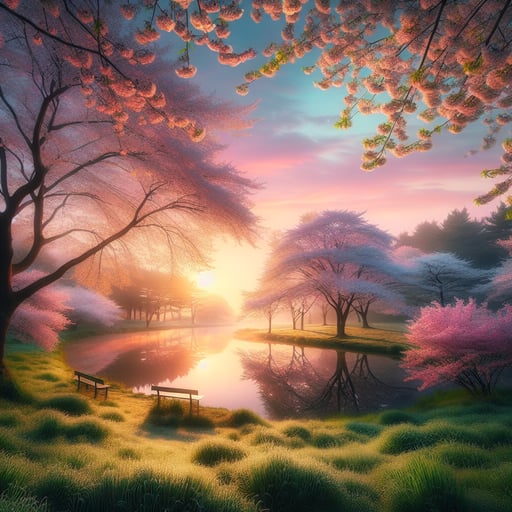 Early spring morning shows a serene lake and blossoming cherry tree, glowing under a vivid dawn sky in the good morning image.