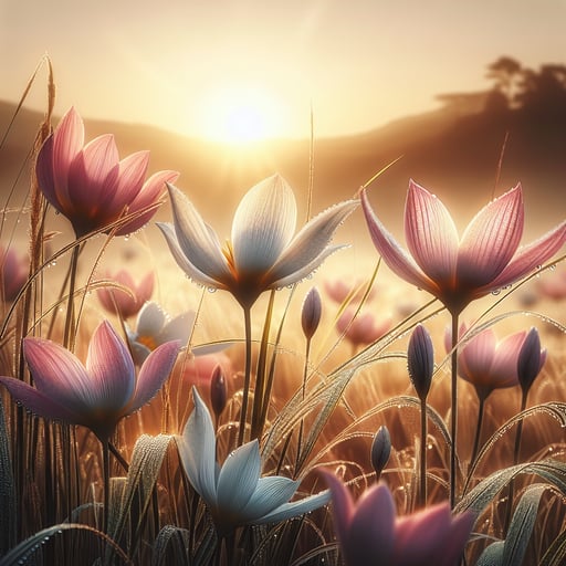 A calm morning scene: flowers gently swaying in the breeze, sunlight casting a soft glow on dew-kissed petals, embodying peace in a good morning image.