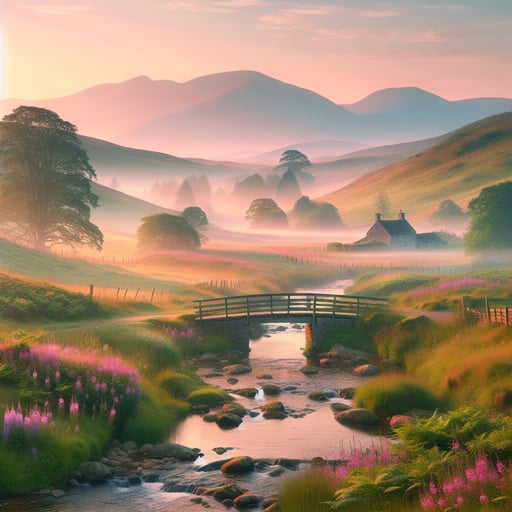 Tranquil morning in the countryside with rolling hills, a gentle creek, and a rustic bridge, perfect for a good morning image.