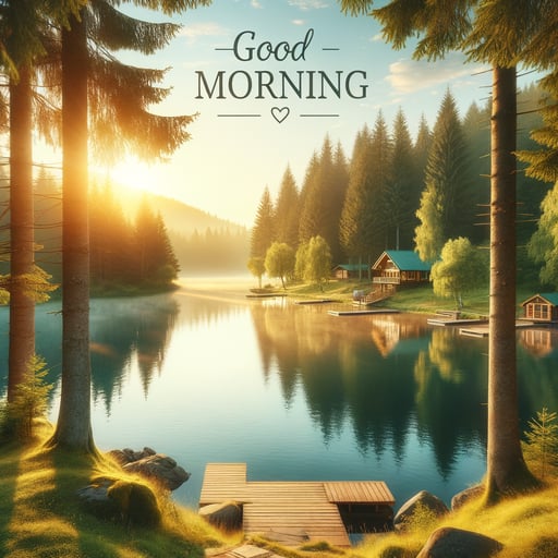 A tranquil summer morning by a serene lake with lush trees, reflecting the sky, and a charming little cabin, with 'Good Morning' text.