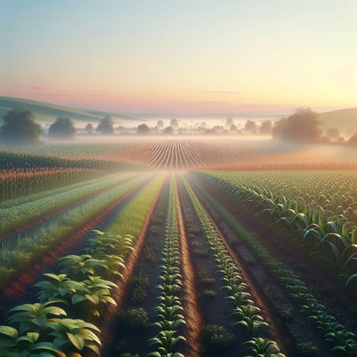 A breathtaking good morning image of a lush, dew-kissed farm in the vibrant hues of dawn, radiating a serene and promising atmosphere.