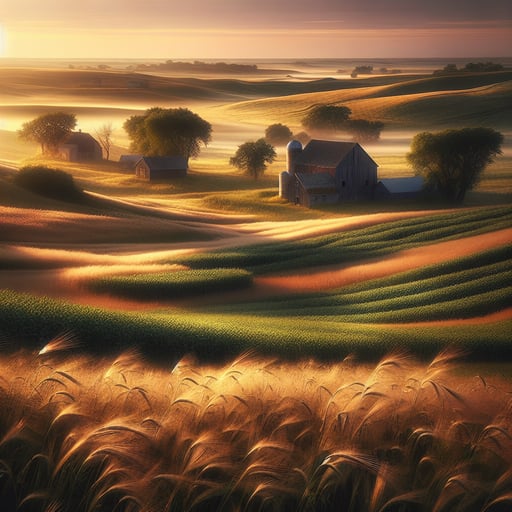 A peaceful good morning image showcasing serene farmland, golden crops, and traditional barns under the soft morning light.