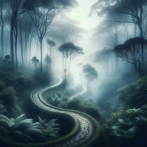 A mystical forest pathway enveloped in morning mist, creating a serene and beautiful good morning image.