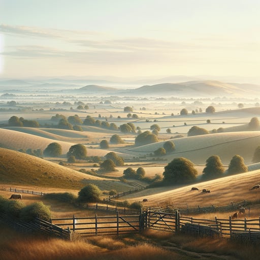 Serene countryside scene with rolling hills and fields under a soft sunrise, embodying a perfect good morning image.