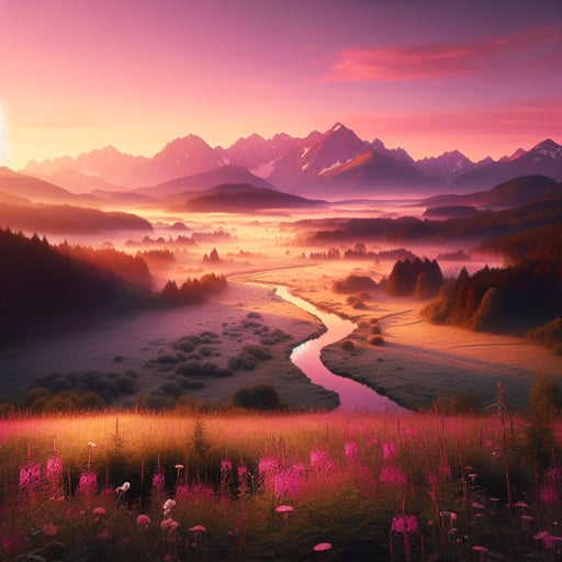A tranquil morning landscape with forests, mountains, and wildflowers bathed in dawn's light. Good morning image.