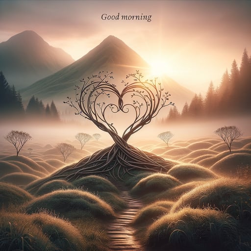 Serene morning scene with heart-shaped tree branches and warm sunrise glow, a perfect good morning image.