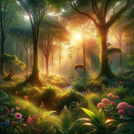 An early morning good morning image of a lush forest with delicate sunrays filtering through vibrant foliage, highlighting blooming flowers and a gentle mist.