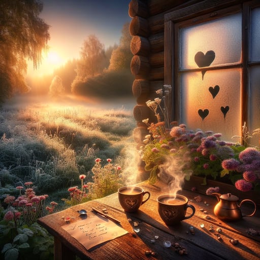 Serene sunrise with dew-kissed landscape, two steaming cups on a wooden table, and a heartwarming scene of affection in a good morning image.