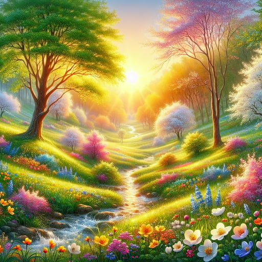 Sun rising over a vibrant, lush hillside with flowering trees and a clear, sparkling stream, encapsulating a perfect good morning image.
