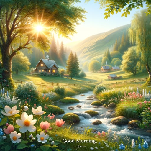 A serene good morning image displaying a sun-kissed meadow, sparkling stream, and a quaint cabin.