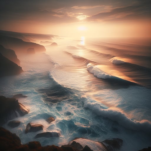 A serene view of the ocean at sunrise, featuring powerful yet tranquil waves against the shore, underlining the majesty of early good morning image.