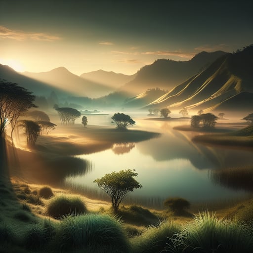 A tranquil landscape at sunrise, with a calm lake, rolling misty hills, and gently swaying trees, encapsulates a peaceful good morning image.