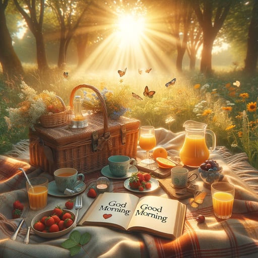 Peaceful good morning image with a picnic setup, warm vibrant colors, and a poetry book.