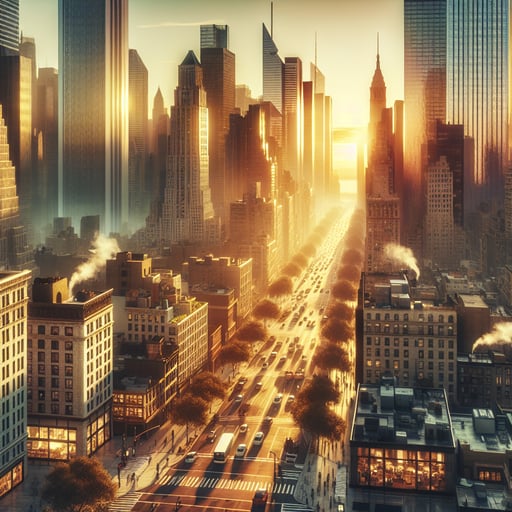 A vibrant good morning image of a bustling cityscape at dawn, with golden light casting long shadows and hints of daily life starting anew.