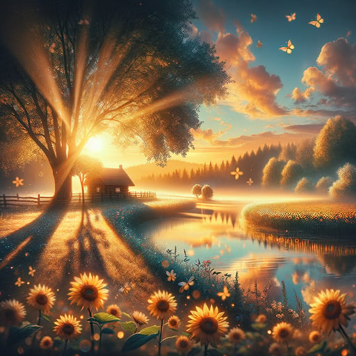 Golden sunrise over a tranquil lake with sunflowers and a cabin, embodying a peaceful good morning image.