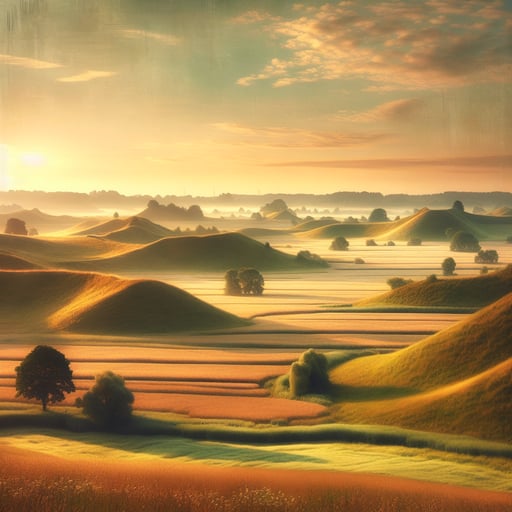 A serene morning scene set in an idyllic countryside, depicting peaceful, rolling hills and vast fields, perfect as a good morning image.