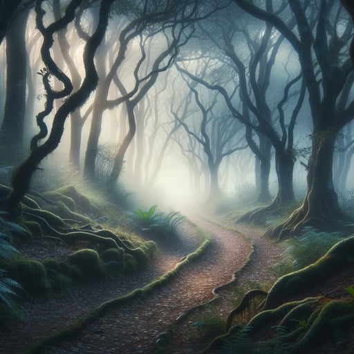 A mystical forest bathed in dawn's first light, with a serene path winding through trees and morning mist.