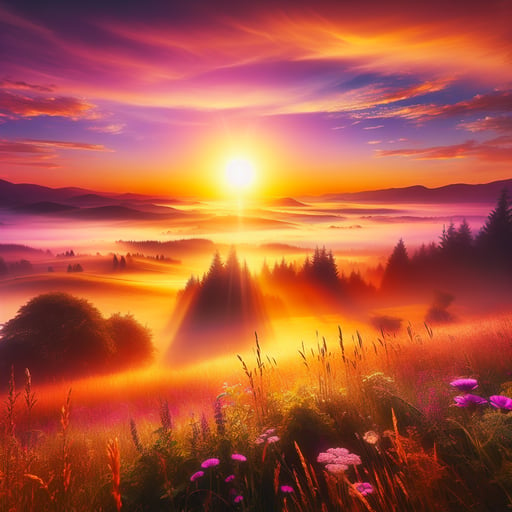A serene image capturing a golden sunrise over a landscape painted with hues of orange, magenta, and purple, epitomizing a peaceful good morning.