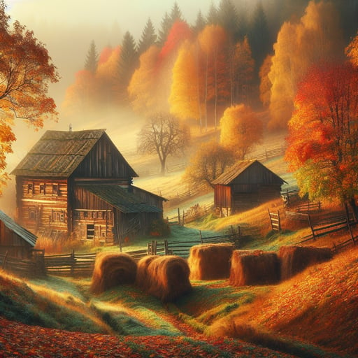 A serene and tranquil autumn morning in the countryside with golden hues, fallen leaves, and a shrouded morning fog creating an ethereal atmosphere, good morning image.