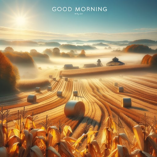 A peaceful good morning image showcasing golden fields in autumn, fresh harvest bounty and the lifting fog of early dawn.