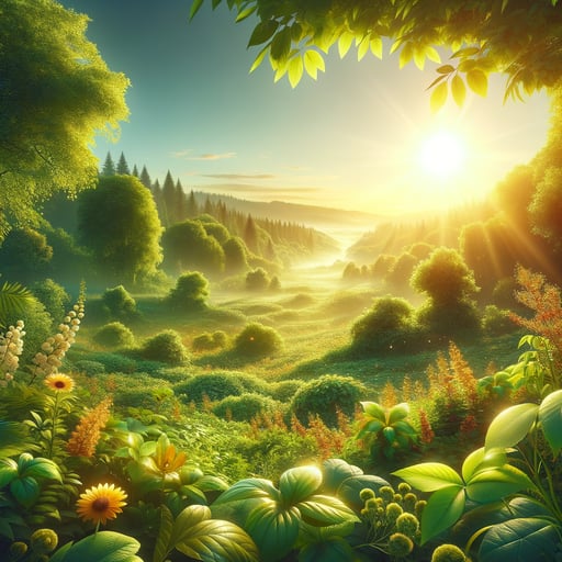 A serene summer morning panorama, vibrant greens gleaming under a golden sun, presenting a good morning image of nature's grace.