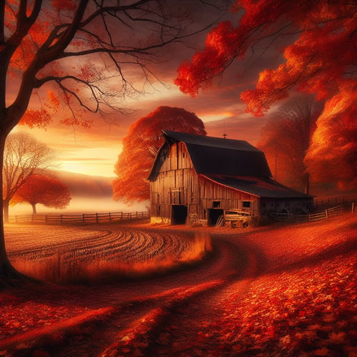 Autumn countryside scene with a rustic barn, vibrant fall leaves, and a serene sunrise, embodying a peaceful good morning image