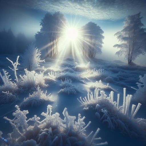 Enchanting winter morning landscape with glimmering frost and ice, untouched snow spread across fields, under a gentle sunrise, embodying a good morning image.