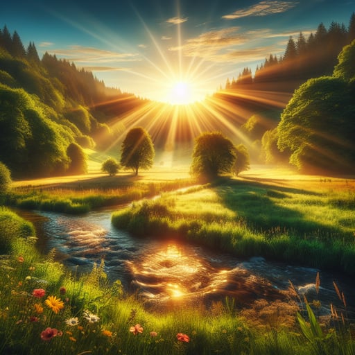 A good morning image of tranquil fields and a gently flowing river under the warm, radiant dawn.