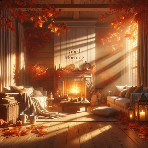 A cozy autumn morning scene with a warming fireplace, plush couches, fallen leaves, and mugs of hot beverage with a 'Good morning' text.