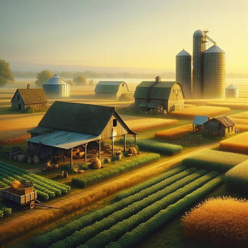 A good morning image of a serene farm, fields with thriving crops, grain silos, and farm buildings bathed in golden morning sunlight.