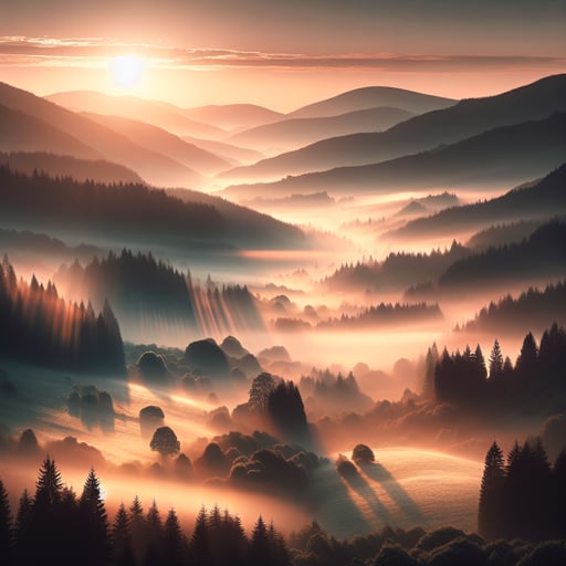 A misty morning in the mountains with sunlight piercing through fog over dew-kissed meadows and silent forests, embodying a serene good morning image.