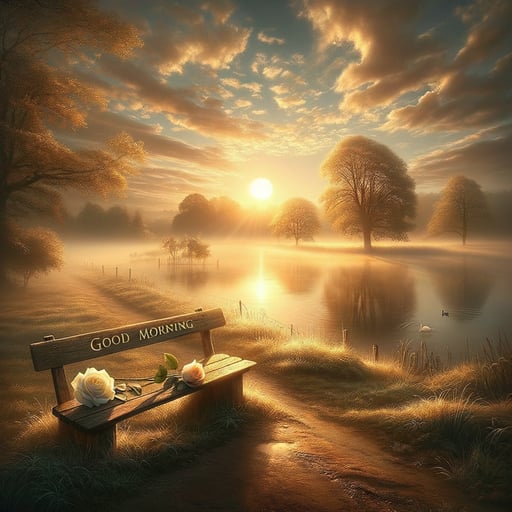 A peaceful good morning image of a sunrise over a calm lake with a rose on an old wooden bench.