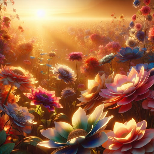 A tranquil scene of a variety of exquisite flowers illuminated by the gentle golden rays of the rising sun, symbolizing a peaceful good morning.
