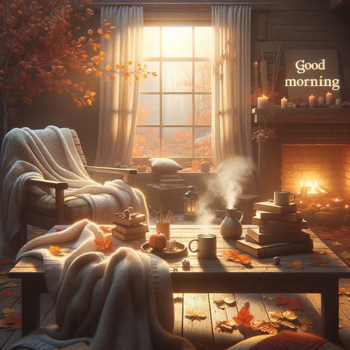 Cozy autumn morning scene with a steaming mug, warm blanket, and a fireplace setting a tranquil mood - good morning image