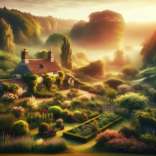 Peaceful rural scene during morning hours with a quaint cottage and blossoming gardens under a soft sunlight, epitomizing tranquility.