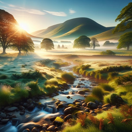 Breathtaking early morning countryside landscape with misty hills, dew-covered grass, and a gentle stream under a clear blue sky - good morning image