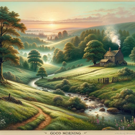 Idyllic countryside scene with rolling hills, a flowing brook, cottage with smoke rising, and soft dawn light.