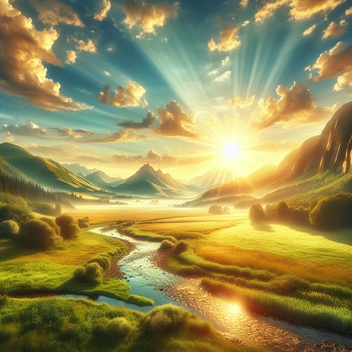 A serene good morning image showcasing a vibrant sunny landscape with a river, mountains, and lush green fields under a brilliant blue sky.