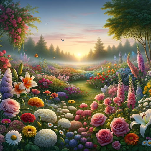 A serene good morning image showcasing a spectrum of blooming flowers and the gentle hues of sunrise.