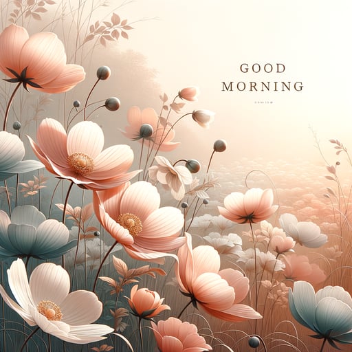 Elegant flowers swaying in the morning breeze under soft early light with refined 'Good morning' text.