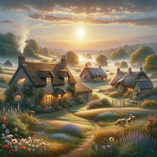 Charming countryside setting with rustic cottages, blooming gardens, and a soft golden sunrise, encapsulating a perfect good morning image.