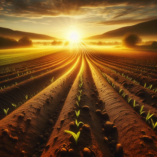 Serene sunrise over a fertile farm, with rich soil and dew on crops, in a tranquil, beautiful good morning image.