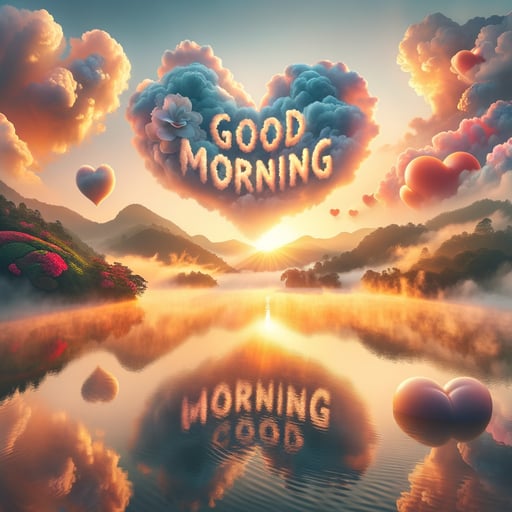 A heartwarming good morning image featuring a tranquil sunrise, heart-shaped lake, and reflective water spelling out 'Good morning'.