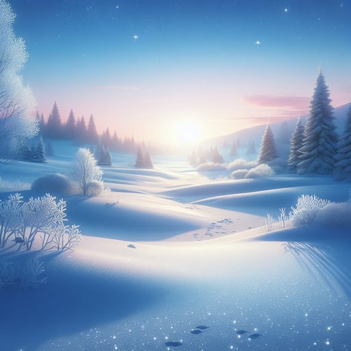 A serene winter landscape at sunrise, with snow-covered terrain and trees under soft blue and pink skies, perfect for a good morning image.