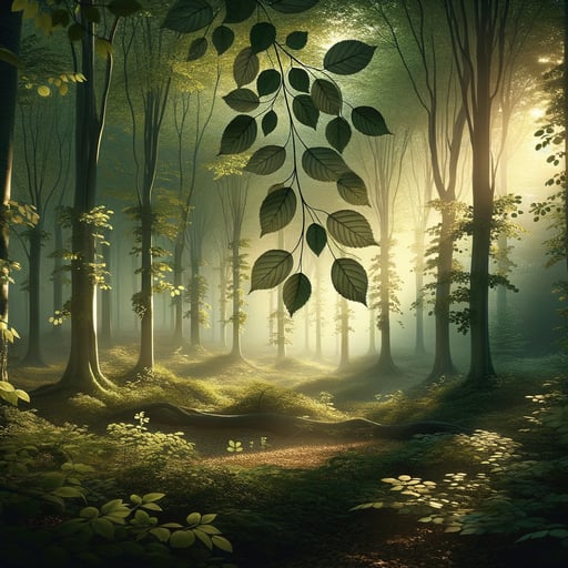 Good morning image of a tranquil forest scene with sunlight filtering through leaves, evoking a sense of peace and new beginnings.